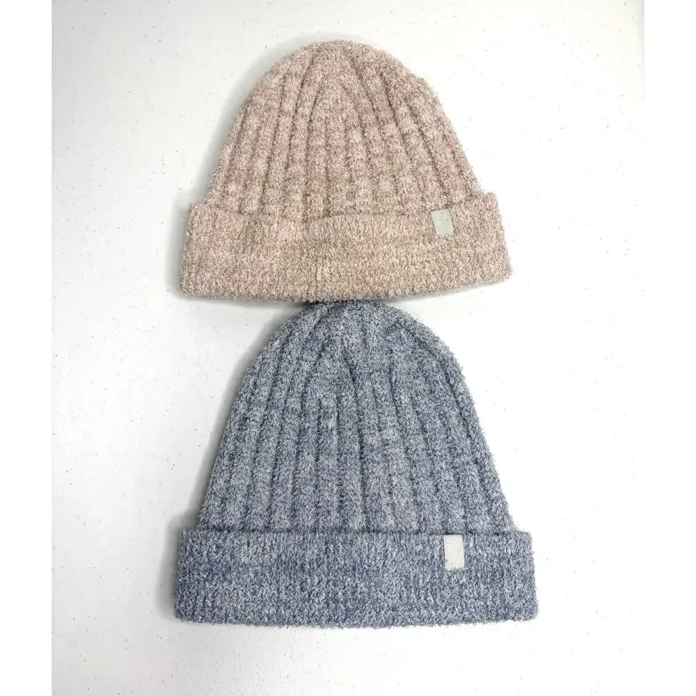 Softies Chunky Rib Marshmallow Beanie Lot of 2 Blue Beige Cozy Cabincore Winter